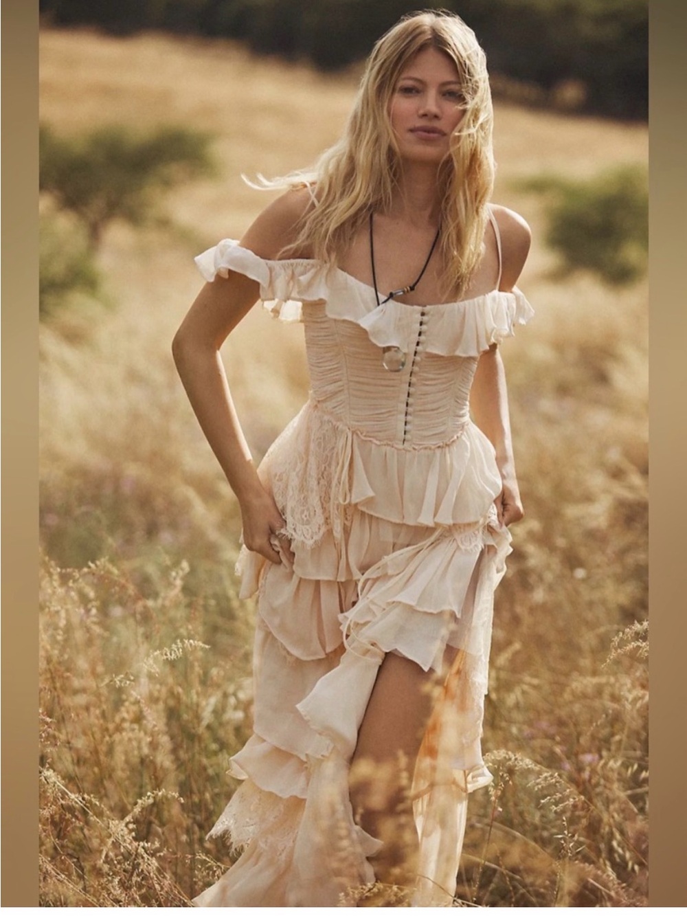 Anthropologie Cream Tiered High-Low Ruffle Dress
